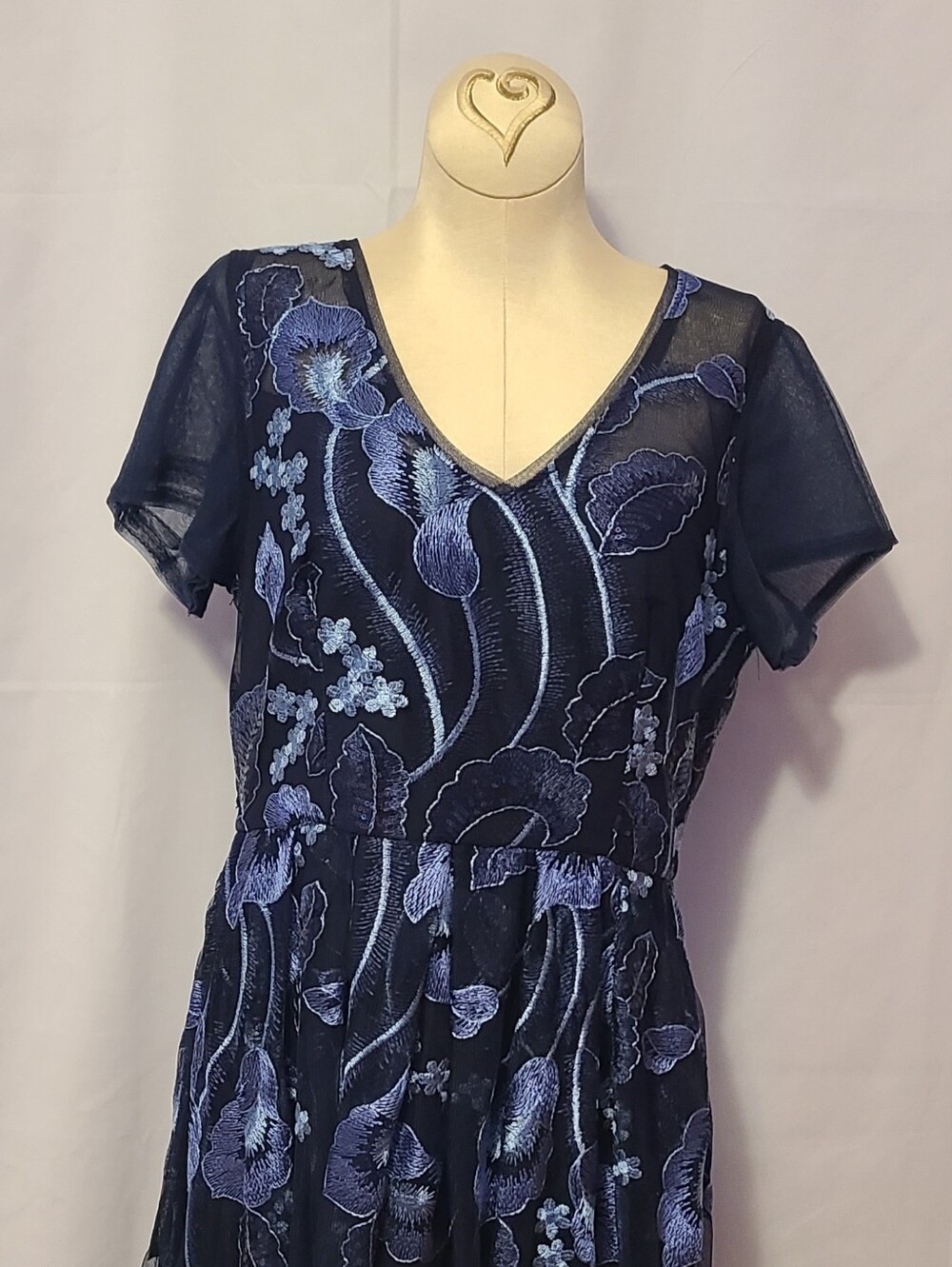 R&M Richards Petite Embroidered Sequin Navy Dress